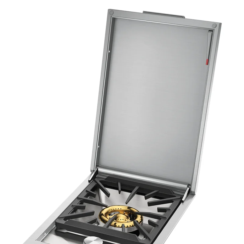 BeefEater ProLine built-in gas side burner in stainless steel with its lid open, showing the wok burner and trivet