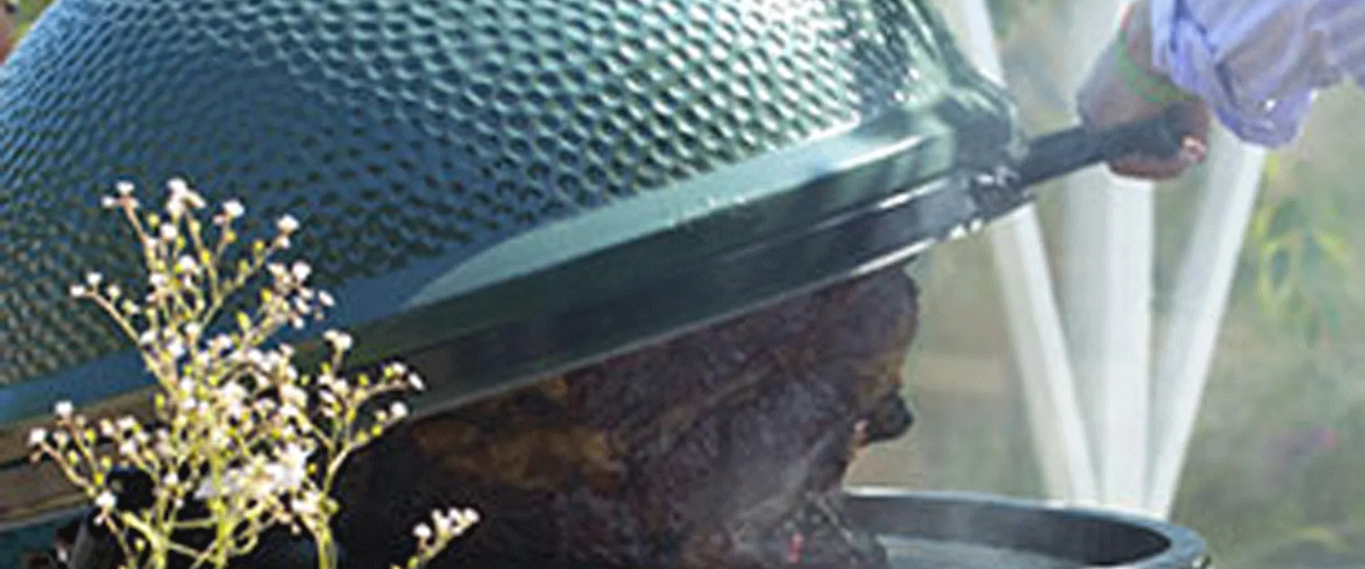 Big Green Egg 2XL kamado with its lid open over a roast in a sunny garden