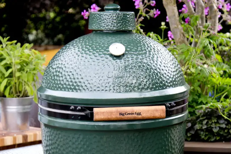Big Green Egg Large ceramic kamado with its dimpled green glaze and wooden handle, among potted herbs on a garden deck