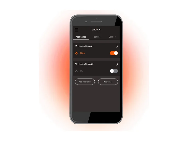 Phone showing the Bromic Smart-Heat app with two heaters, one switched on at full power