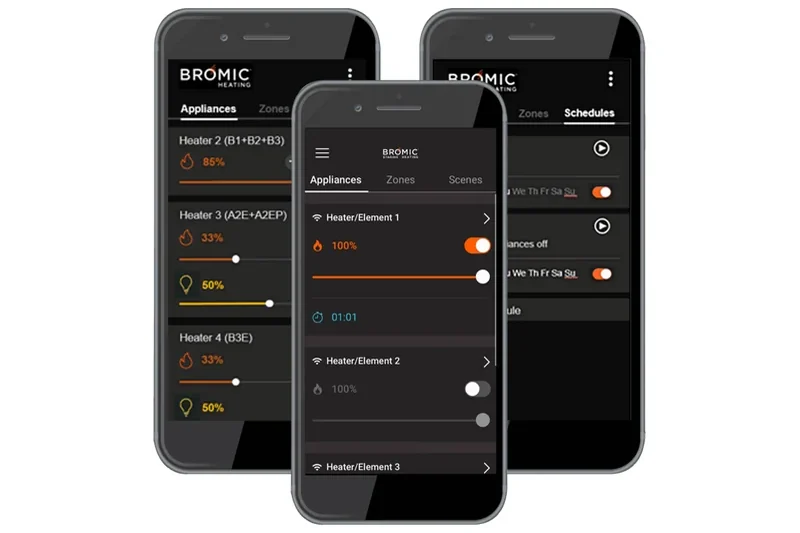 Three phones showing the Bromic Smart-Heat app: heater and lighting levels, zones and weekly schedules