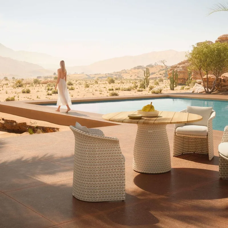 Dedon Fllair woven dining armchairs around a round table beside a pool, with a desert landscape behind