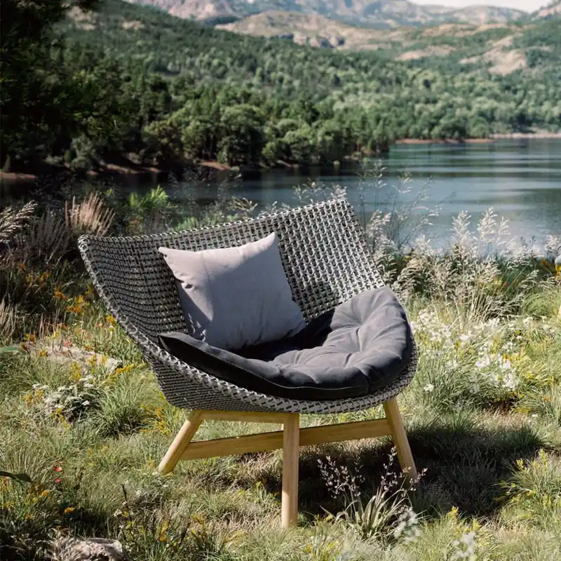 Dedon Mbrace lounge chair with dark cushions in tall grass, a second chair and a lake behind