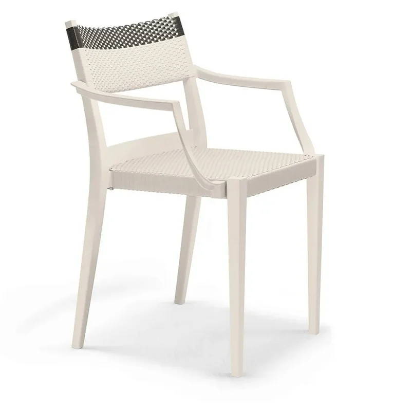 Dedon Play stackable armchair with a white frame and a woven seat and backrest, on a white background