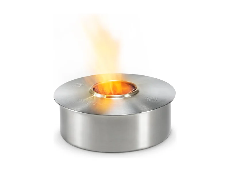 EcoSmart AB3 bioethanol burner in stainless steel, lit, on a white background