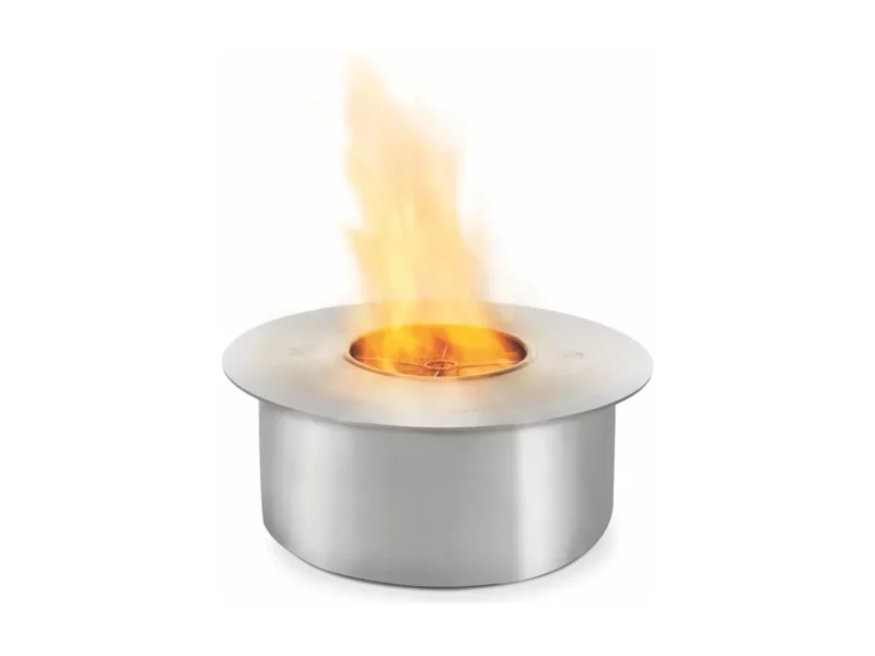 EcoSmart AB8 bioethanol burner in stainless steel, lit, on a white background