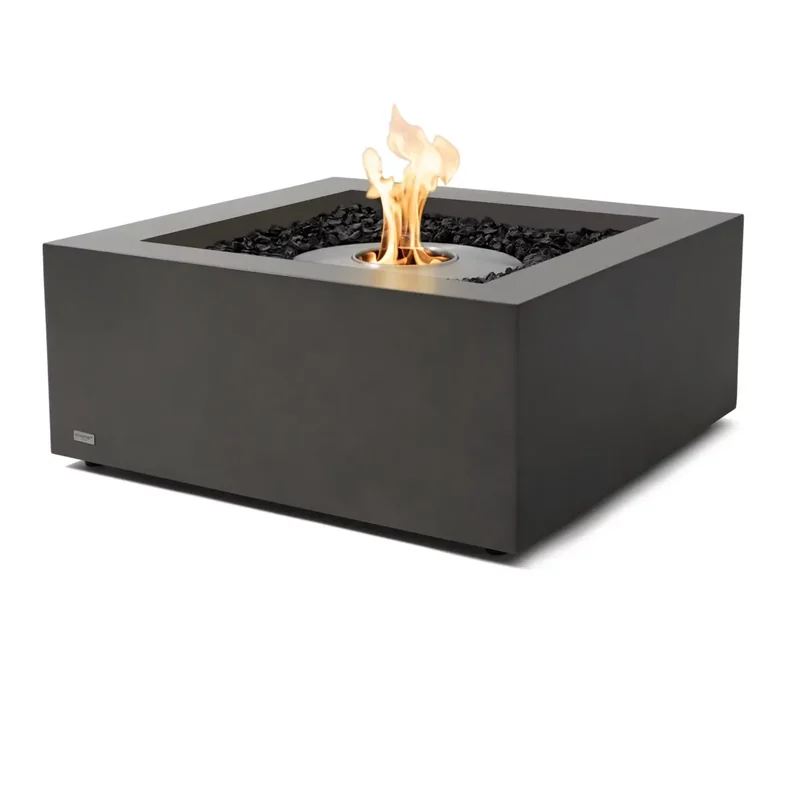 Square EcoSmart Base 30 bioethanol fire table in dark grey concrete with a flame at its centre, shown on a white background
