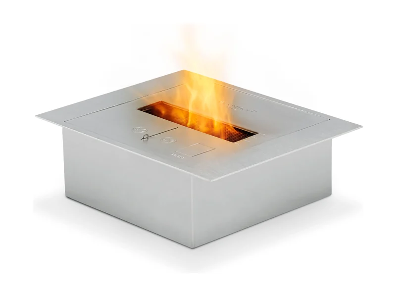 EcoSmart BK5 bioethanol burner in stainless steel, lit, on a white background