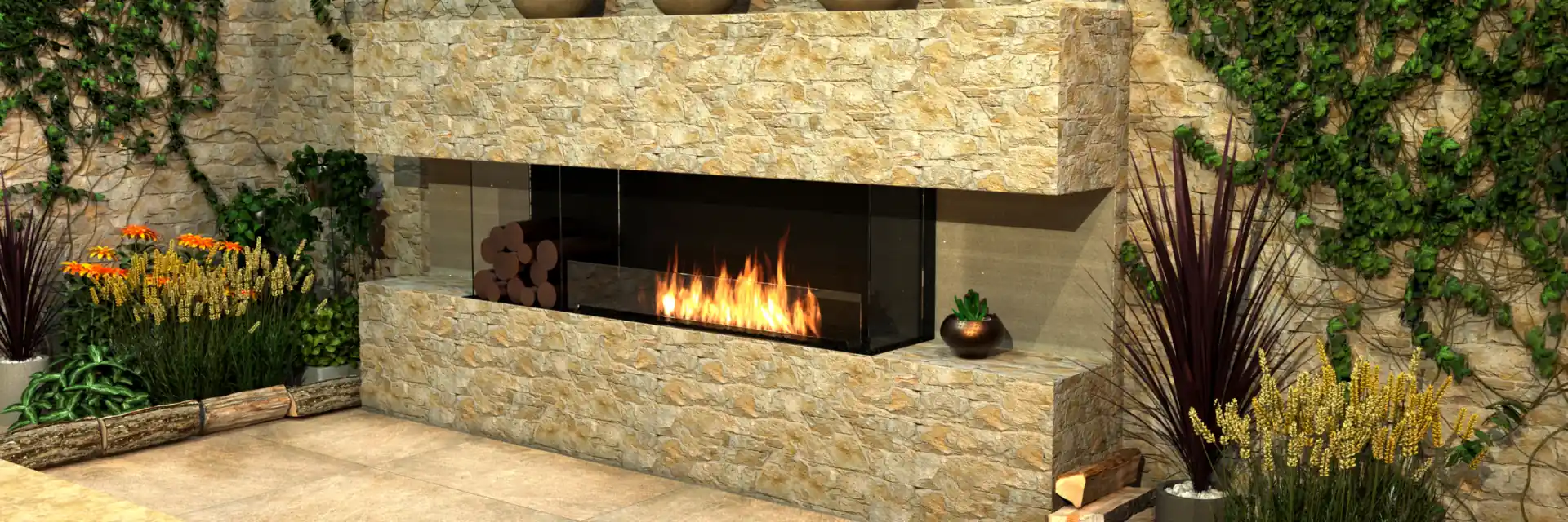 EcoSmart Fire Flex bay fireplace burning in a stone-clad wall with planted ledges and climbing greenery
