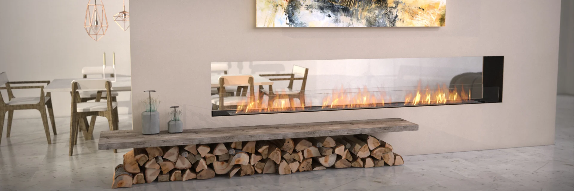 EcoSmart Fire Flex double-sided fireplace burning in a long white divider above stacked logs, beside a dining table
