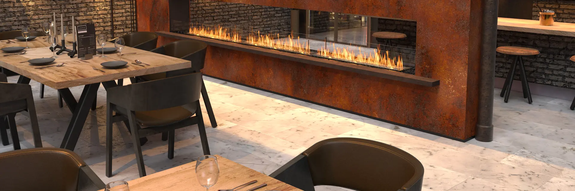 EcoSmart Fire Flex double-sided fireplace burning in a long rust-colored wall between a dining area and a bar