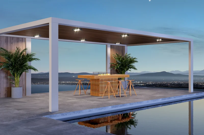 EcoSmart Gin 90 Bar fire table with stools under a white pergola by the water at dusk