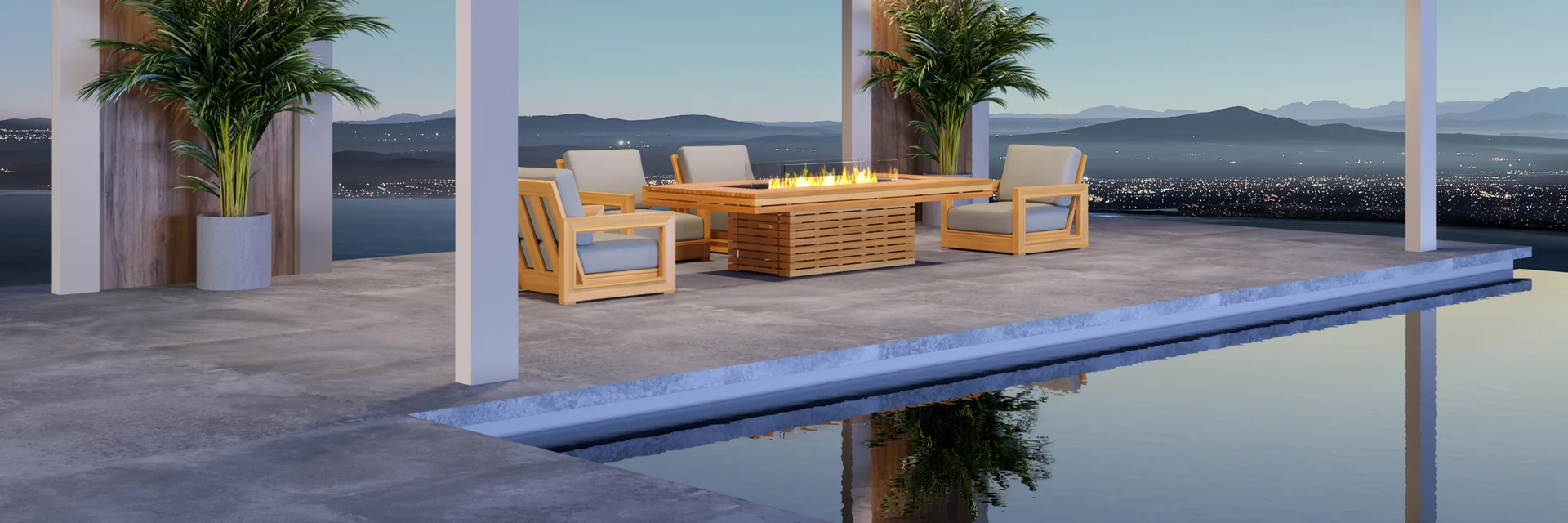 EcoSmart Gin 90 Chat fire table in teak with armchairs under a white pergola beside the water at dusk