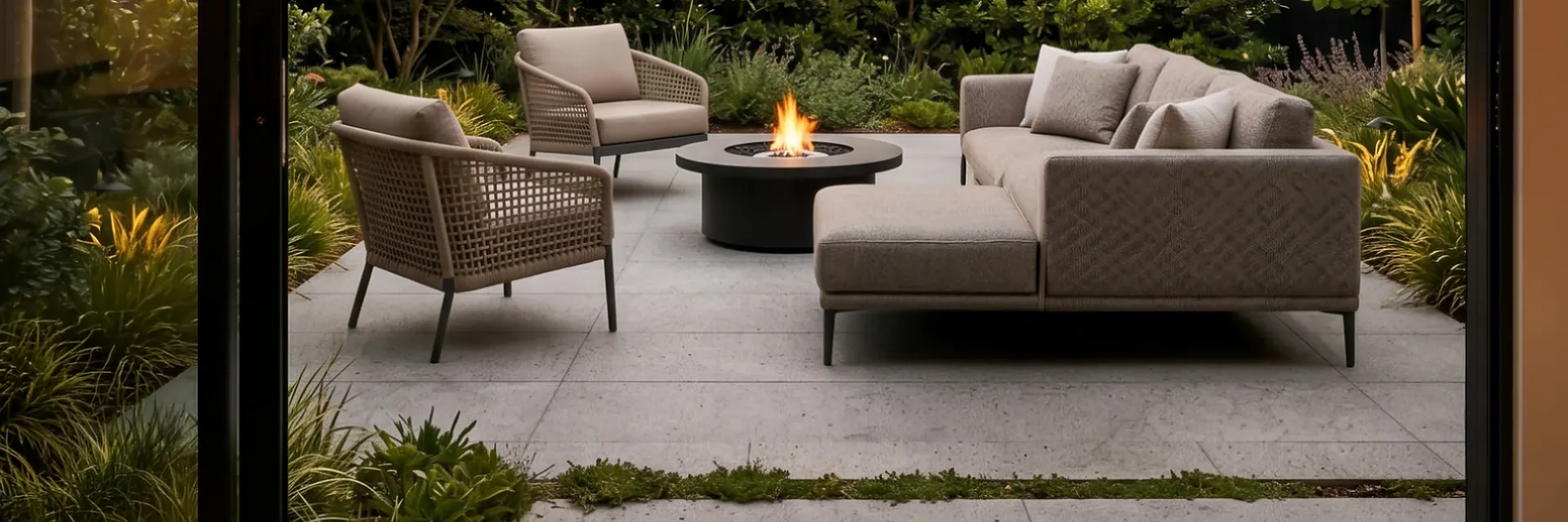 Round EcoSmart Mimosa 40 fire table burning on a garden terrace at sunset, seen through open sliding doors