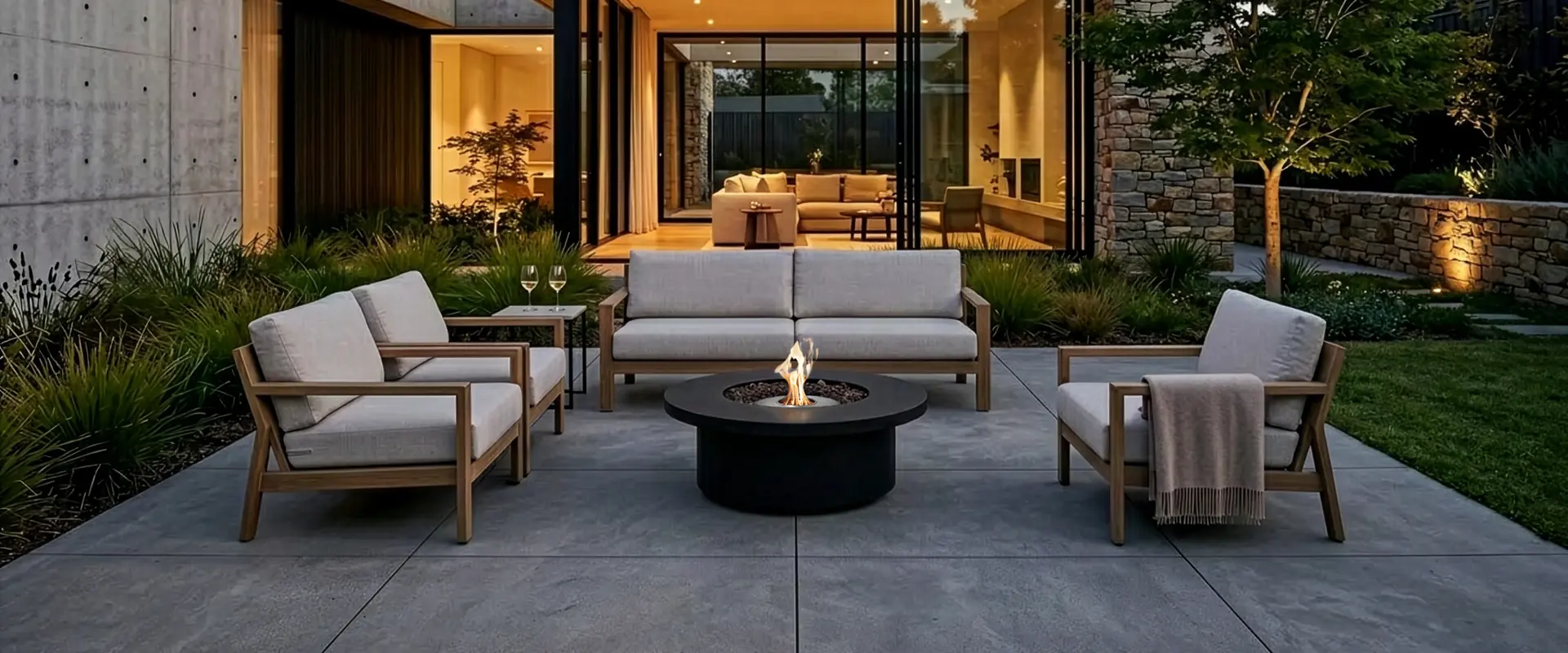 Round EcoSmart Mimosa 40 fire table burning between teak armchairs and a sofa on the paved terrace of a modern house at dusk