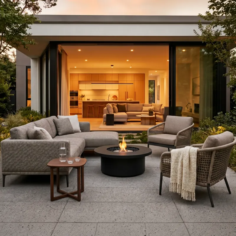 Round EcoSmart Mimosa 40 fire table in graphite burning between a corner sofa and woven armchairs on a terrace at sunset