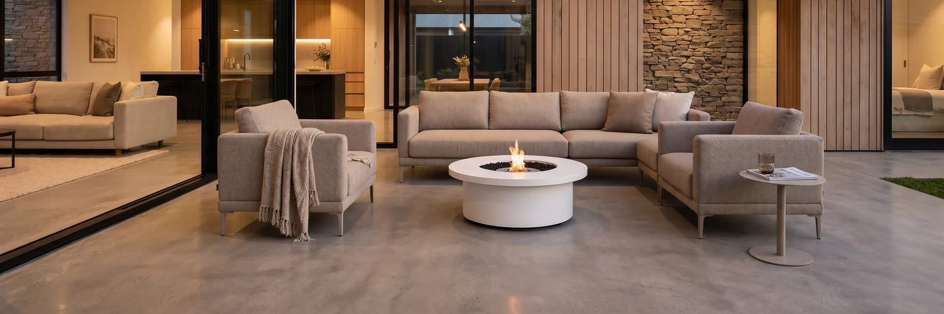 Round EcoSmart Mimosa 40 fire table in white burning between pale sofas on the covered patio of a timber-clad house