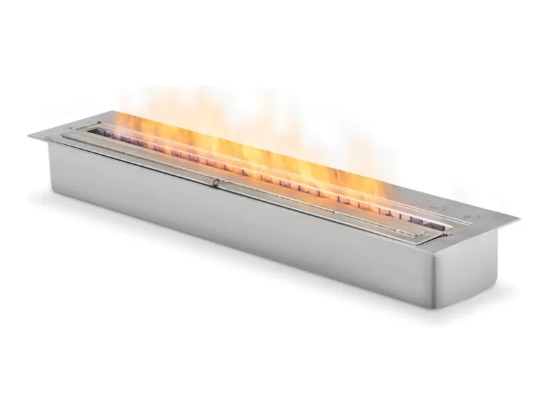 EcoSmart XL1200 bioethanol burner in stainless steel, lit, on a white background