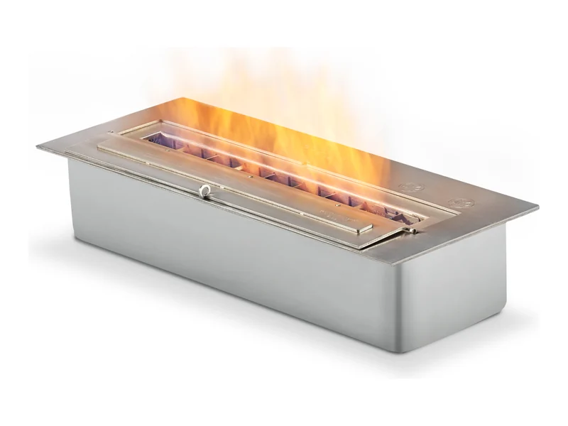 EcoSmart XL500 bioethanol burner in stainless steel, lit, on a white background