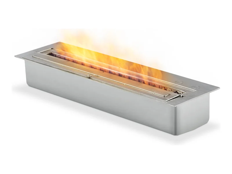EcoSmart XL700 bioethanol burner in stainless steel, lit, on a white background
