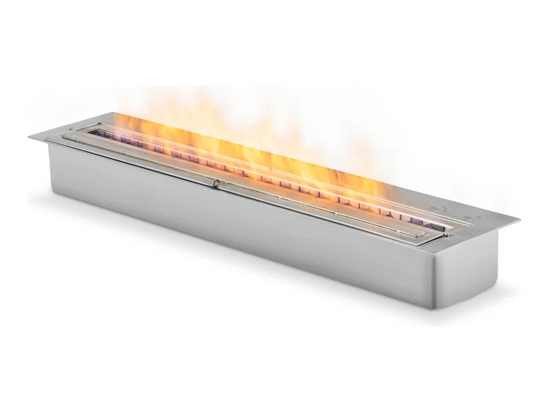 EcoSmart XL900 bioethanol burner in stainless steel, lit, on a white background