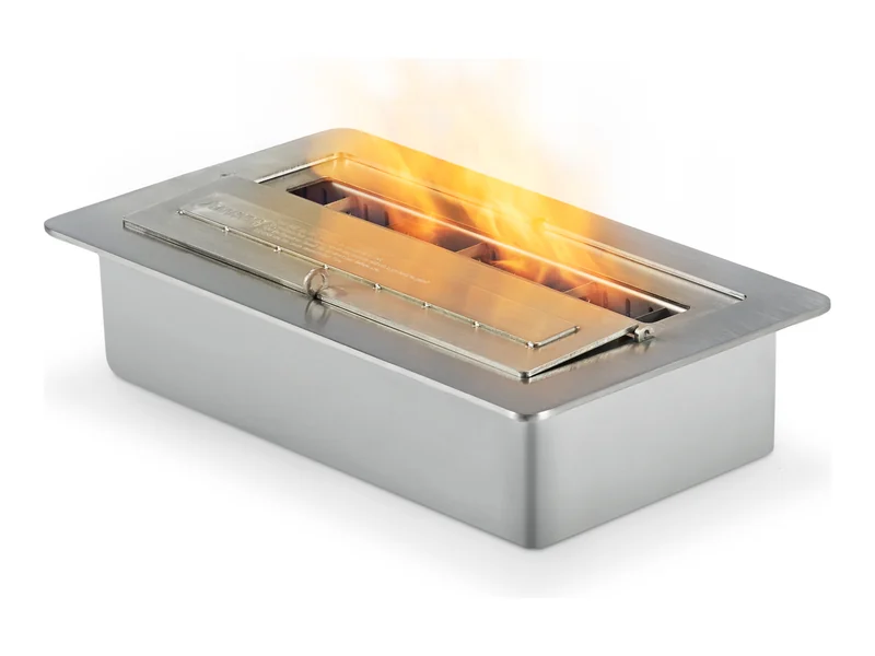 EcoSmart XS340 bioethanol burner in stainless steel, lit, on a white background