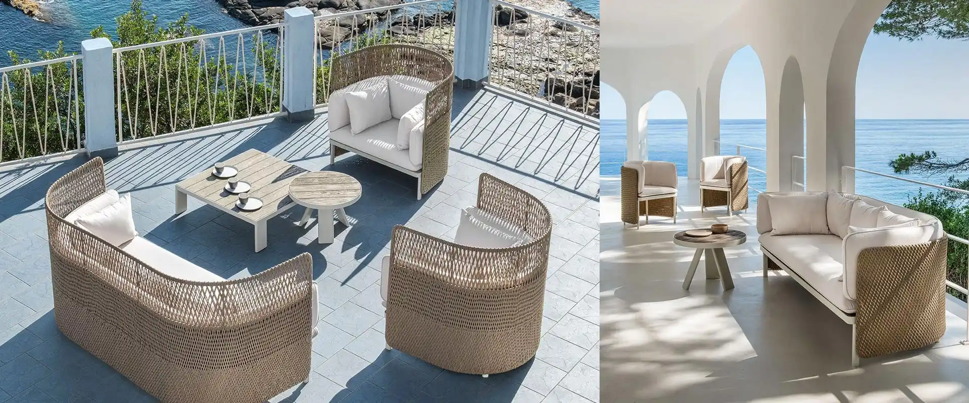 Ethimo Esedra woven sofa and armchairs on a white seaside terrace, shown beside a view of the same pieces under white arches