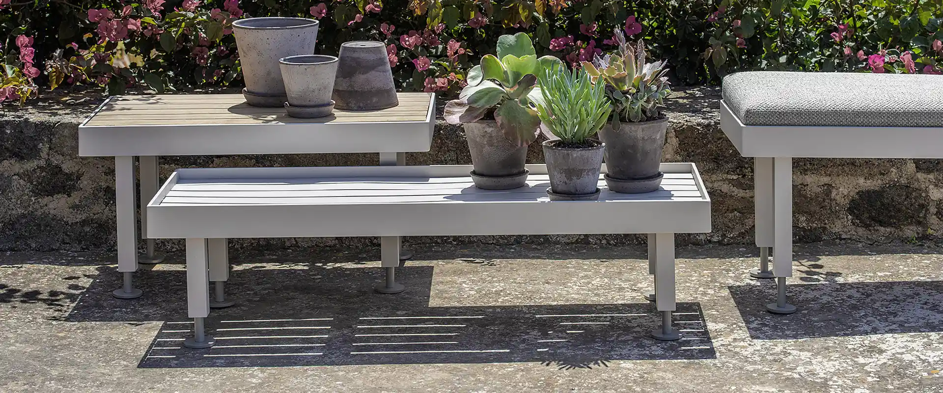 Ethimo Seeds benches and low tables with potted plants on a stone terrace, in front of a bougainvillea
