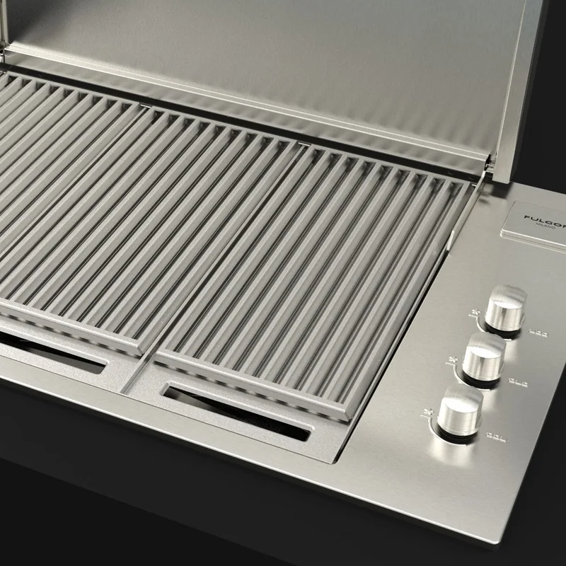 Fulgor Milano built-in gas barbecue in stainless steel with its lid open, three grates and three control knobs