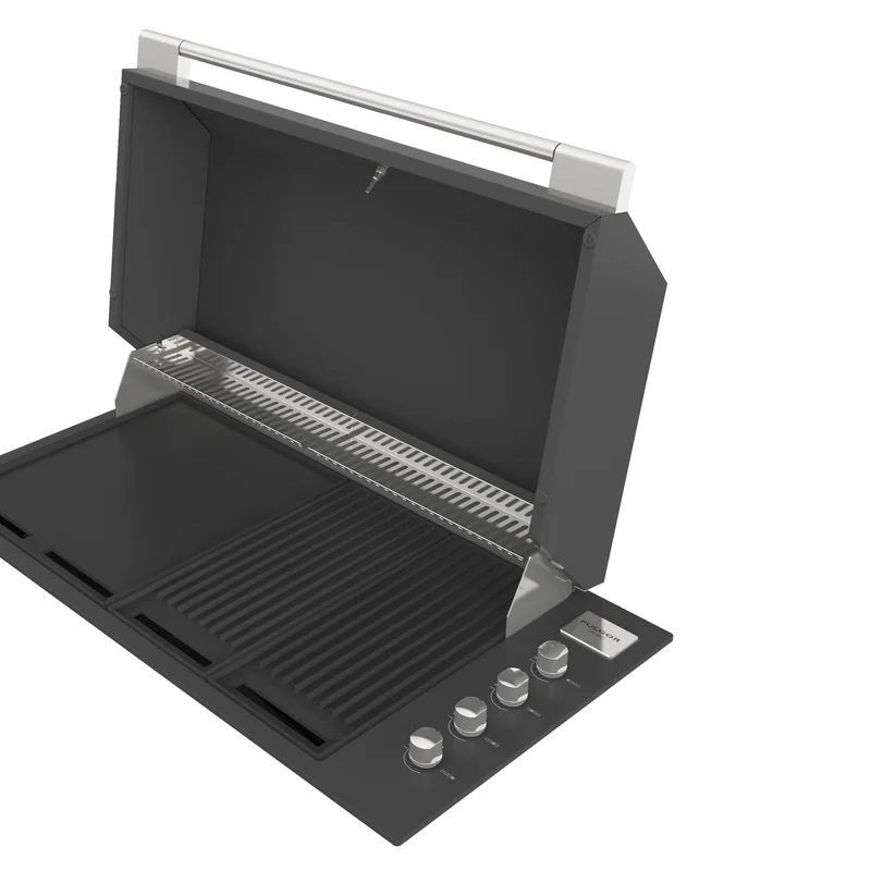 Fulgor Milano FOBQ 1000 G MBK built-in gas barbecue in matt black enamel with its hood open, showing the cast-iron grates and plate