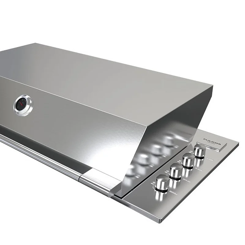 Fulgor Milano FOBQ 1000 G X built-in gas barbecue in stainless steel with its hood closed and four control knobs