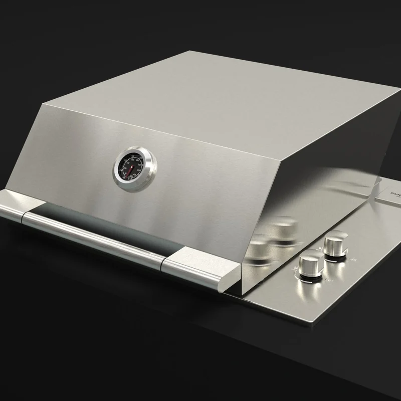 Fulgor Milano FOBQ 601 TY G X built-in gas barbecue in stainless steel with its hood closed, a lid thermometer and two control knobs