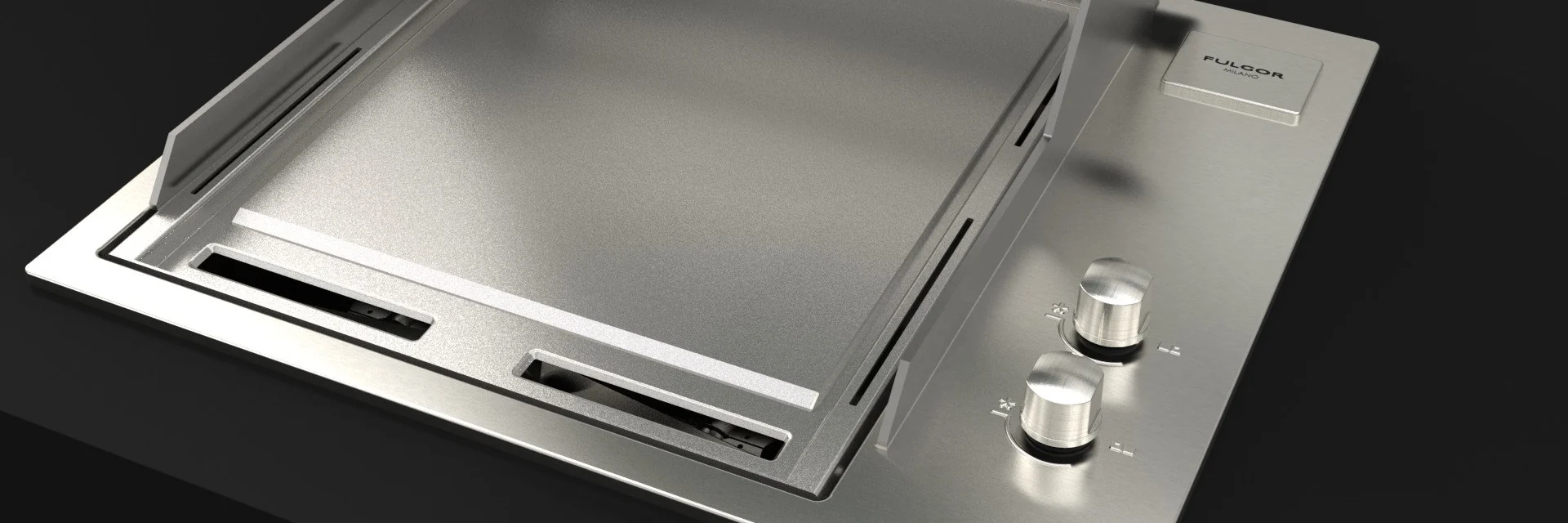Fulgor Milano FOBQ 601 TY G X built-in gas barbecue with its hood open, showing the stainless steel teppanyaki plate and two control knobs