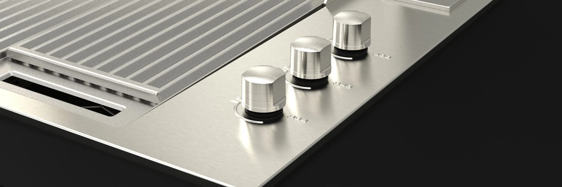 Close view of the three stainless steel control knobs and grates of the Fulgor Milano FOBQ 803 G X built-in gas barbecue