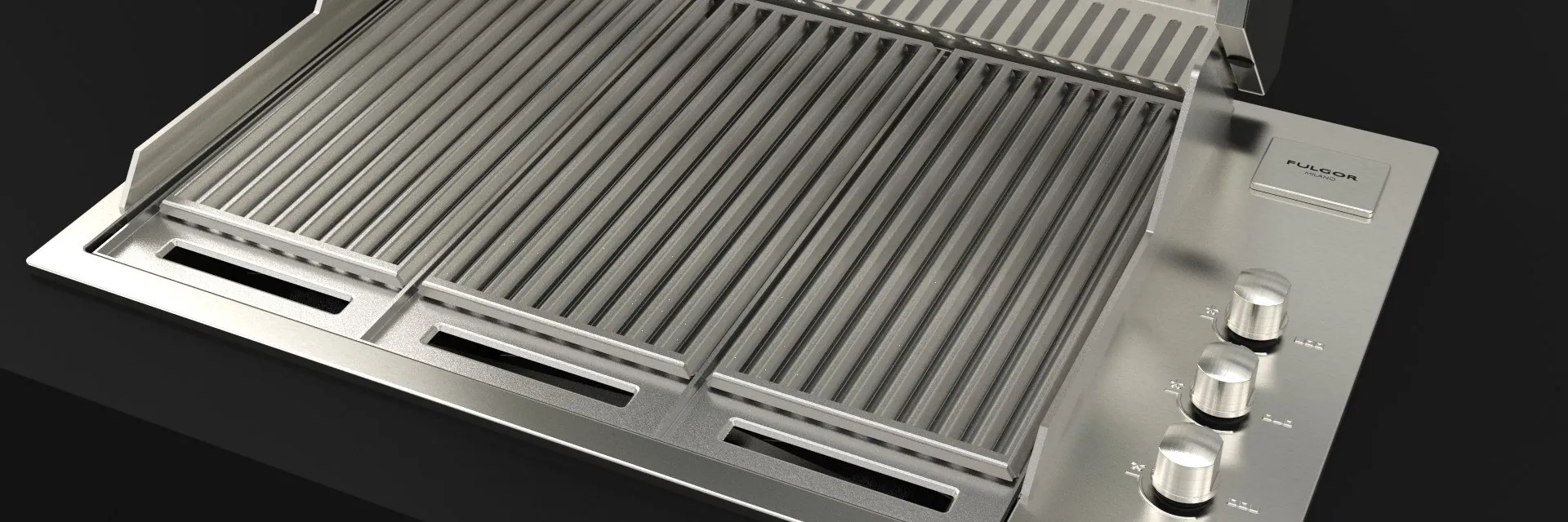 Fulgor Milano FOBQ 803 G X built-in gas barbecue with its hood open, showing the three stainless steel grates and control knobs