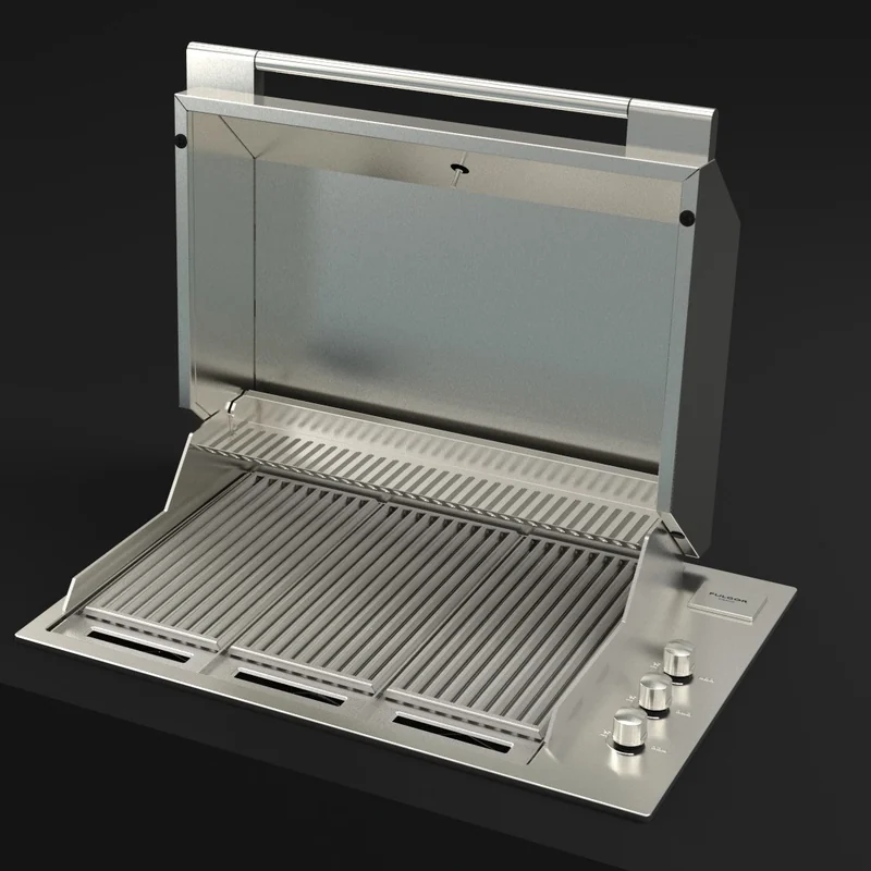 Fulgor Milano FOBQ 803 G X built-in gas barbecue in stainless steel seen from the front with its lid raised over three grates