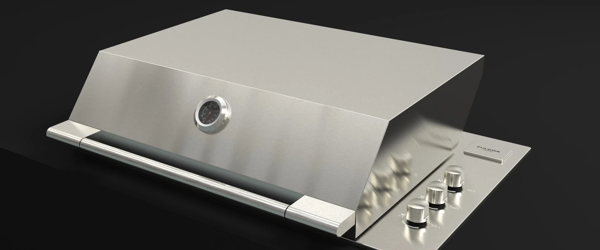 Fulgor Milano FOBQ 803 G X built-in gas barbecue in stainless steel with its hood closed, a lid thermometer and three control knobs, on a dark background