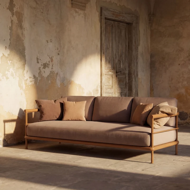 Kettal Alize sofa with terracotta cushions in a sunlit hall with weathered plaster walls