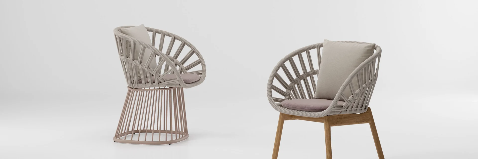 Two Kettal Cala armchairs with open rope backs, one on a rope base and one on teak legs, against a pale studio backdrop
