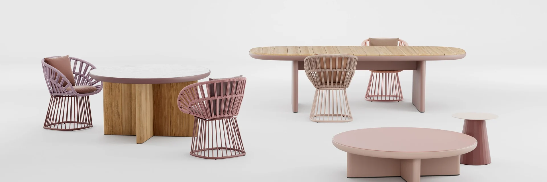 Kettal Cala rope chairs with dining and low tables in terracotta and teak tones, against a pale studio backdrop
