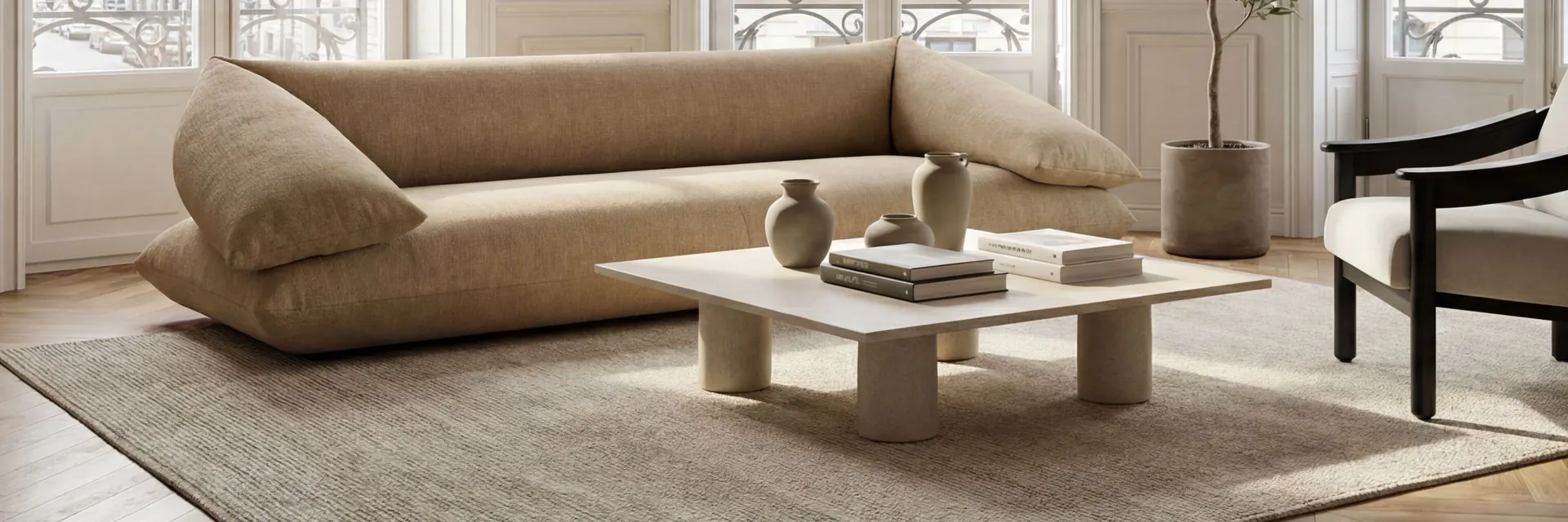Kettal Grosso sofa and coffee table in a bright room with tall arched windows overlooking a city street