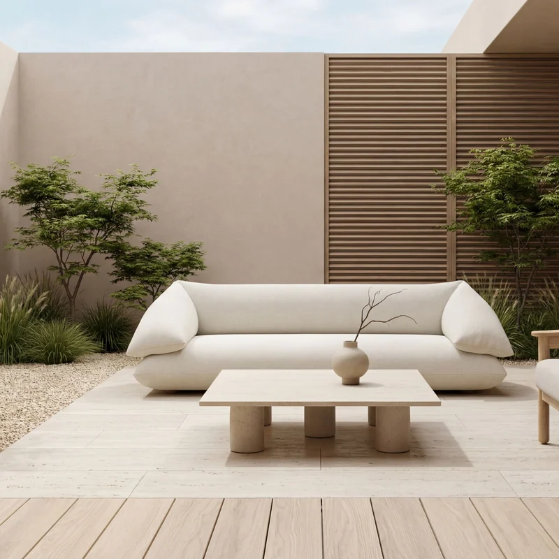 Kettal Grosso sofa in white with a low table and a wooden armchair on a paved terrace with planting and slatted screens