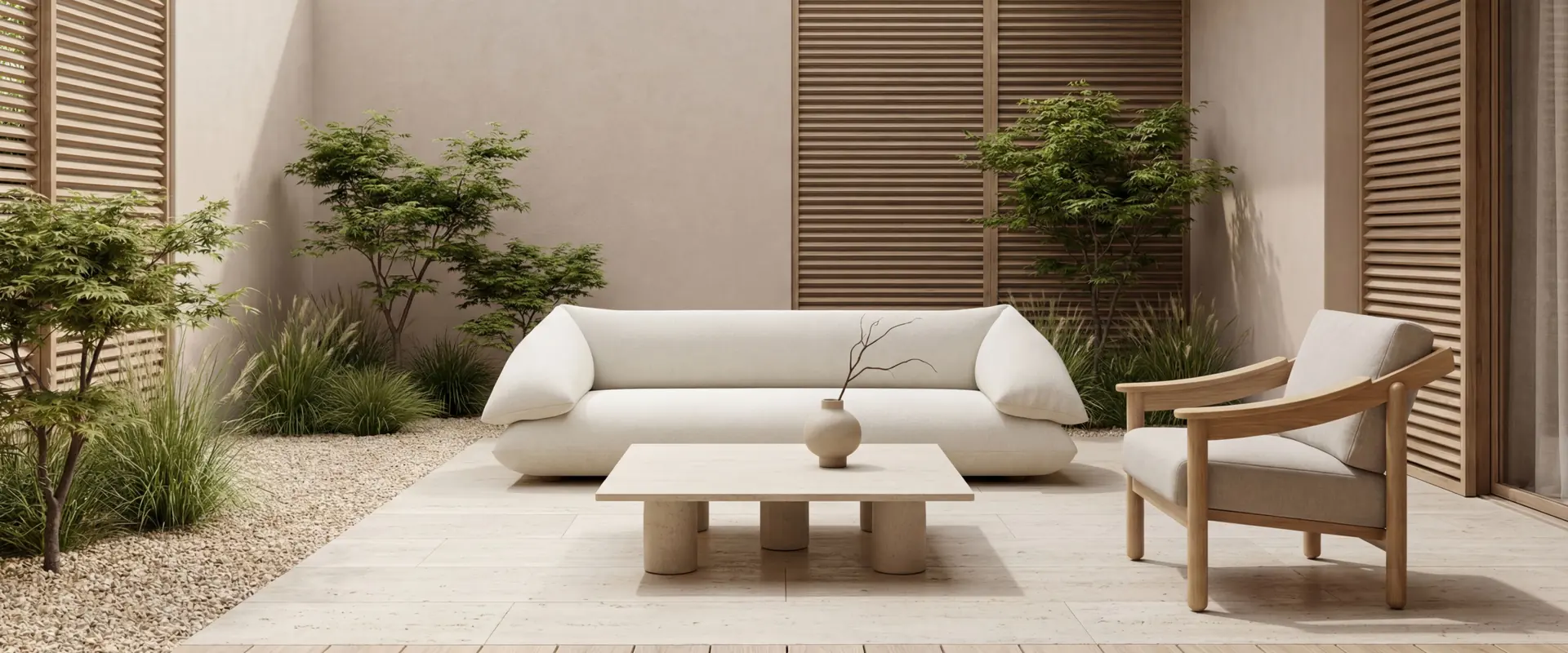 Kettal Grosso sofa in white with a low table and a wooden armchair on a paved terrace with planting and slatted screens