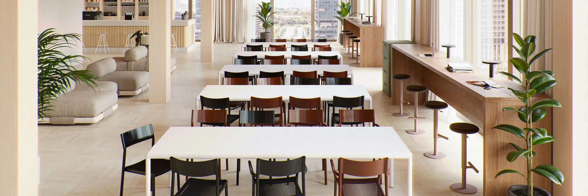 Kettal Passage chairs at long white tables in a bright timber-lined room with tall windows and a city view