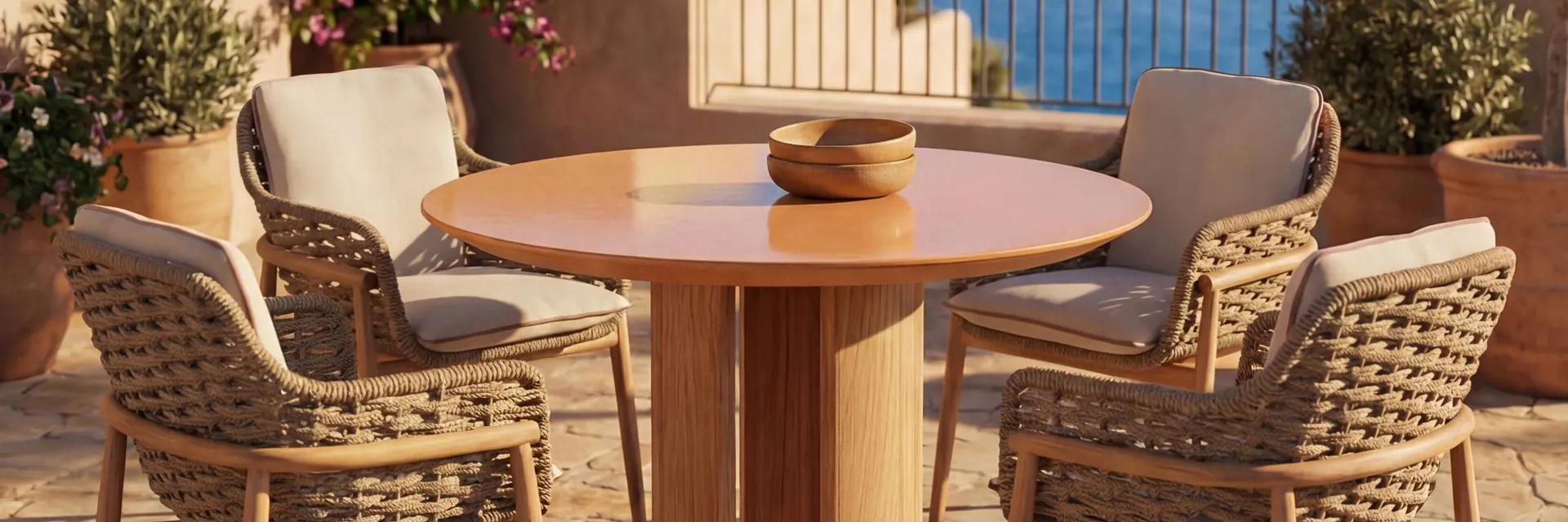 Round Kettal wooden dining table with woven rope armchairs on a stone-paved terrace, with bougainvillea and the sea behind