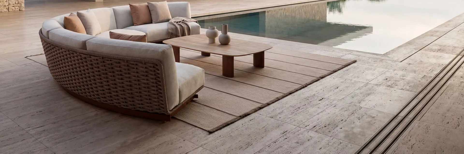 Kettal Tilos curved rope sofa and low tables on a wooden deck beside an infinity pool, under the flat roof of a modern stone villa
