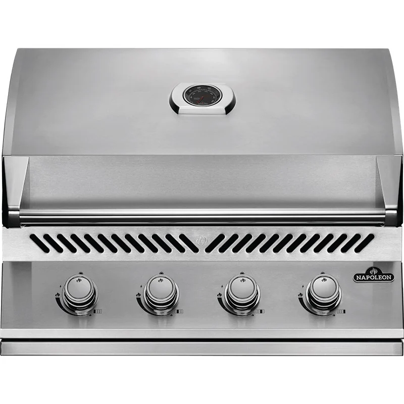 Front view of the Napoleon Built-in 500 Series 32 stainless steel gas barbecue with its lid closed and four control knobs