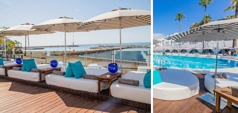 Tuuci parasols with a custom striped canopy over the sunbeds, the beach and the pool at Ocean Club Marbella