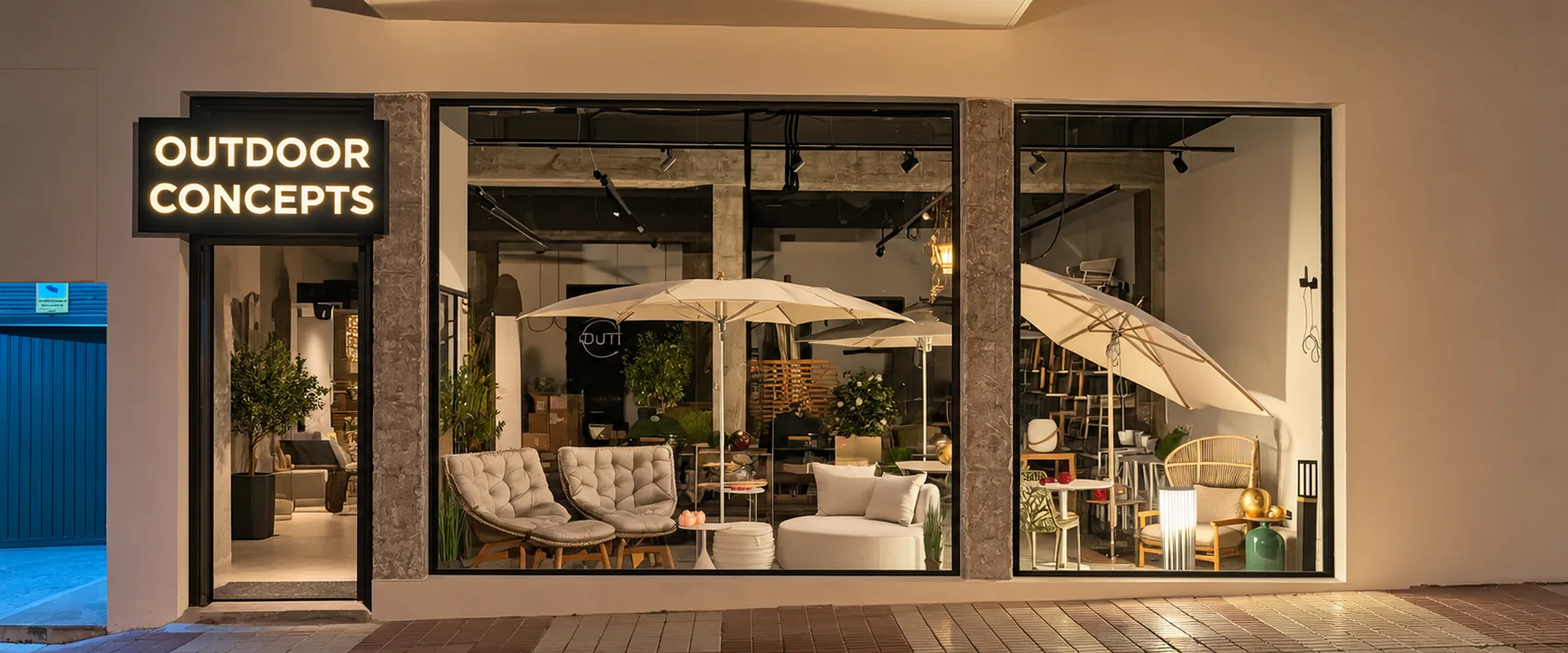 The Outdoor Concepts showroom in San Pedro de Alcántara at night, with its illuminated sign and large windows showing woven lounge chairs, parasols and outdoor furniture