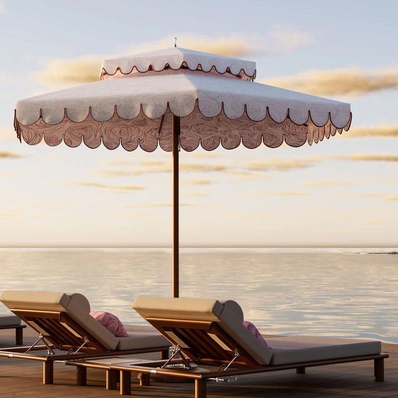 Tuuci Ocean Master M1 Cupola center post parasol with a raised vent and scalloped valance over two cushioned sun loungers on a wooden deck beside calm water at sunset